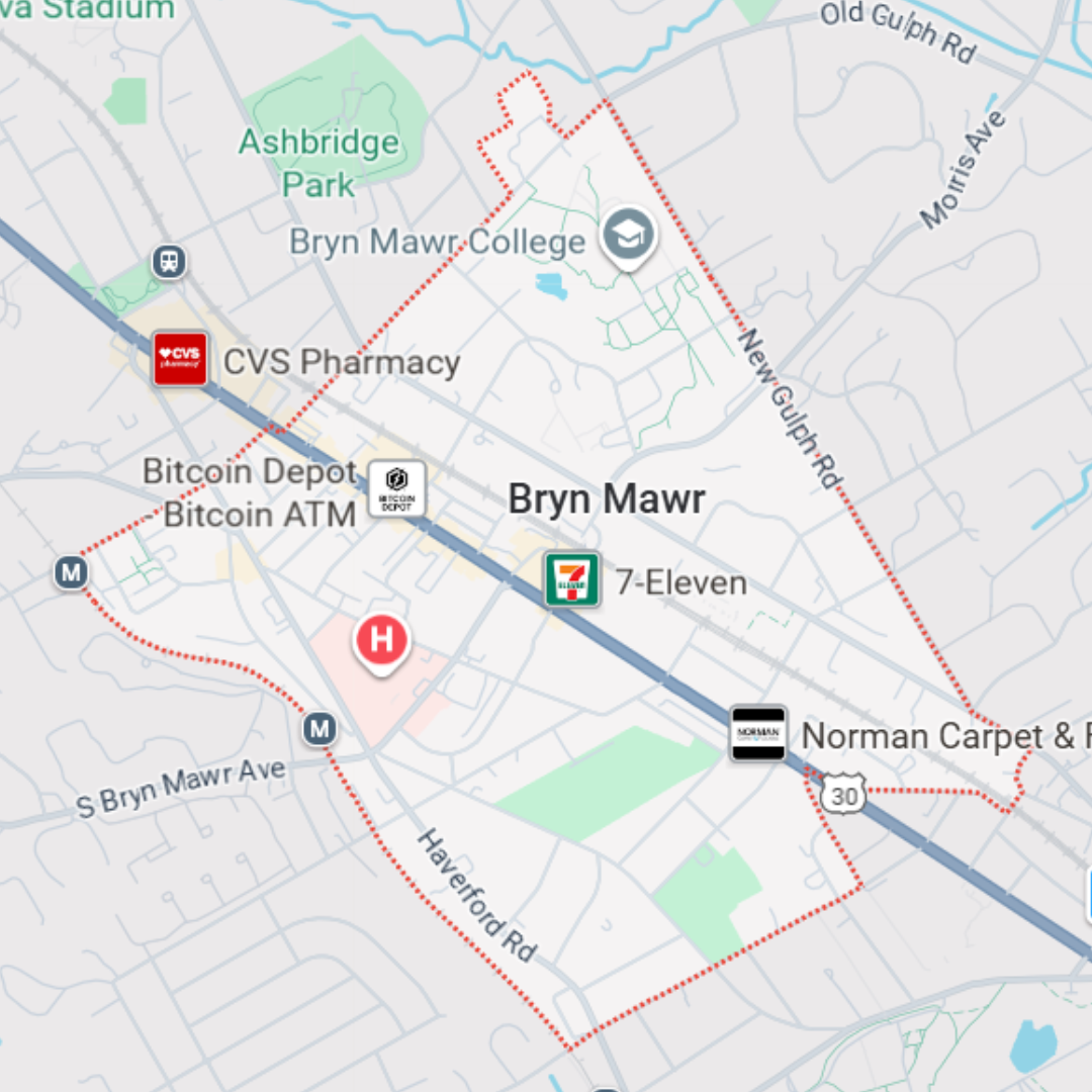 Google Maps image of Bryn Mawr, PA Area