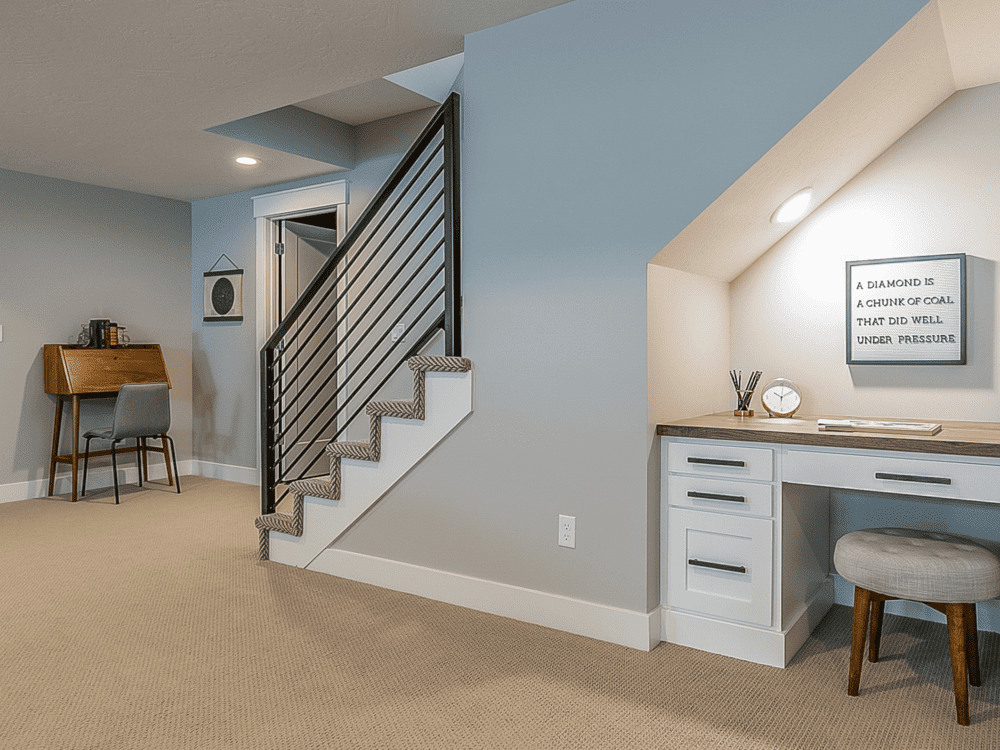 Basement remodel featuring built-in desk and staircase by Metzler Construction in Perkasie, PA - Stock Image